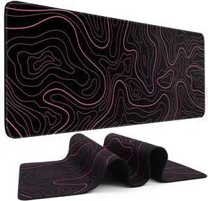 KEHIPI Mouse Pad Gaming Mousepad 31.5 x 11.8 in Large Mouse Pad for Keyboard and Mouse with Anti-Slip Rubber Base, Keyboard Pad XL Mouse Mat for Home and Office(Black with Red Topographic Line)