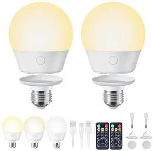 KEHIPI E26 Rechargeable Light Bulb with Remote Timer and 3 Color Temperatures, Battery Backup Bulb for Sconces and Lamps, E26 Detachable Charging for Non-Hardwired Fixture, Dimmer, 700LM