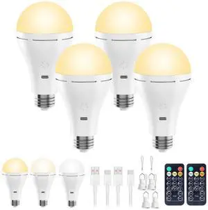 KEHIPI  E26 Rechargeable Light Bulb with Remote and Timer, Battery Backup Bulb for Sconces and Lamps, Hanging LED Light Bulb with Hook for Camping Tent, Dimmable, 3 Color Temperatures, 4 Pack