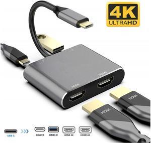 KEHIPI USB C to Dual HDMI Adapter, USB C Multiport Adapter Hub with 4K HDMI, USB 3.0 Hub and Type C to HDMI Converter for MacBook/MacBook Pro 2020/2019/2018,Dell XPS 13/15,Surface Book 2, etc (Gray)