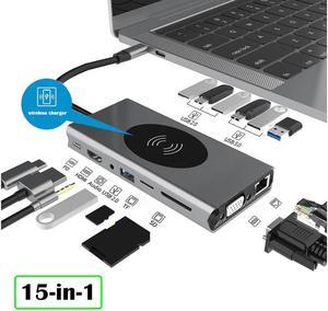 KEHIPI 15 in 1 Docking Station, Type C Multiport Adapter for MacBook Pro/Air, Mac Dongle with Wireless Charging,HDMI, Gigabit, VGA, PD Port, 7 USB 3.0/2.0, SD/TF Card Reader and Mic/Audio,87W Power