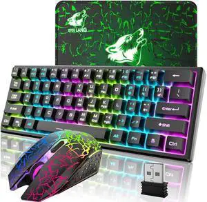 KEHIPI Wireless Gaming Keyboard and Mouse Combo,61 Key Rainbow Backlit Keyboard with Rechargeable 4000mAh,Mechanical Feel,Ergonomic,Quiet,RGB Mute Mice and Mousepad for PS4,Xbox One,Desktop,PC Black