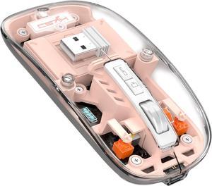 KEHIPI Wireless Bluetooth5.1&2.4G Mini Lightweight Mouse,Transparent Clear Cool,Rechargeable Silent Computer Mice,Nano USB C Receiver,LED Battery Magic Silm for Office/PC/Mac/Laptop/Apple/ipad(Pink)