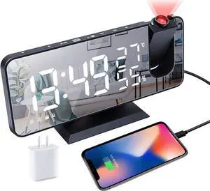 KEHIPI Projection Alarm Clock for Bedrooms Ceiling, Alarm Clock Radio with USB Charger Port, Temperature & Humidity Display, 7.3 Large LED Display,12/24H,Snooze,Dual Loud Alarm Clock- 4 Dimmer