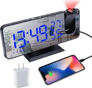 KEHIPI Projection Digital Alarm Clock for Bedrooms,Radio Alarm Clock on Ceiling,USB Charger Port,Temperature Humidity Display,7.3Large Mirror LED Display,12/24H,Snooze,Dual Loud Alarm Clock-4 Dimmer