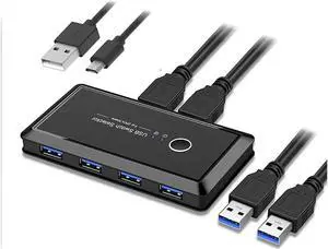 KEHIPI USB 3.0 Sharing Switch Selector 4 Port 2 Computers Peripheral Switcher Adapter Hub for PC, Printer, Scanner, Mouse, Keyboard with One Button Swapping and 2 Pack USB Male Cable