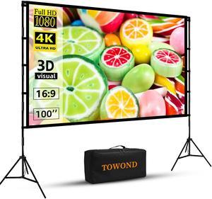Projector Screen with Stand,Towond 100 inch Portable Projection Screen, Indoor Outdoor Screen 16:9 4K HD Rear Front Movie Screen with Carry Bag Wrinkle-Free Design for Home Theater Backyard Cinema