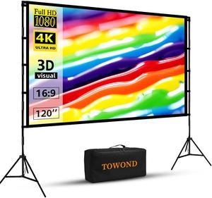 Projector Screen and Stand,Towond 120 inch Portable Projector Screen Indoor Outdoor Projector Screen 16:9 4K HD Wrinkle-Free Lightweight Movie Screen with Carry Bag for Backyard Movie Night
