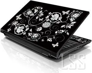LSS 15 15.6 Inches Laptop Notebook Skin Sticker with 2 Wrist Pads - Reusable Cover Protector Vinyl Sticker Cover Decal Fits 13" - 16" - Black and White Flowers Pattern