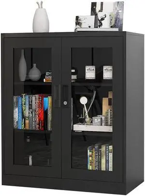 AFAIF Metal Storage Cabinet with Glass Doors - 35.4" Locking Display Cabinet with 2 Adjustable Shelves, 3-Tier Steel Cabinet Locker for Home Office, Living Room, Bedroom AFAIF Metal Storage Cabinet with Glass Doors - 35.4" Locking Display Cabinet with 2 Adjustable Shelves, 3-Tier Steel Cabinet Locker for Home Office, Living Room, Bedroom