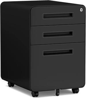 AFAIF Mobile Filing Cabinet 3 Drawer, Rolling Small File Cabinet with Keys Under Desk, Modern Black Filing Cabinet for Home Office with Anti-tilt Wheels, A4/Letter/Legal Hanging File Drawers