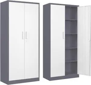 Metal Garage Storage Cabinet with 2 Doors and 4 Adjustable Shelves - 71" Steel Lockable File/Locking Tool Cabinets for Office,Home,Gym,School Grey and White
