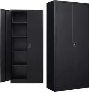 Metal Garage Storage Cabinet with 2 Doors and 4 Adjustable Shelves - 71" Steel Lockable File/Locking Tool Cabinets for Office, Home, Gym, School Black