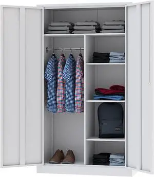 Metal Armoire Wardrobe Closet Cabinet for Hanging Clothes with Lock Doors - 72" Steel Lockable Wardrobe Storage Locker Clothes Organizer for Bedroom, Laundry Room