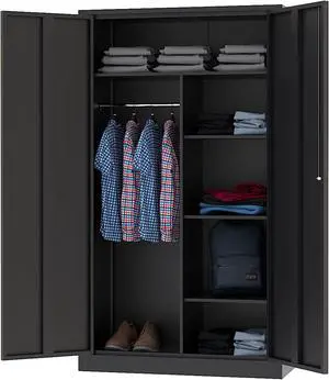 Metal Armoire Wardrobe Closet Cabinet for Hanging Clothes with Lock Doors - 72" Steel Lockable Wardrobe Storage Locker Clothes Organizer for Bedroom, Laundry Room Black