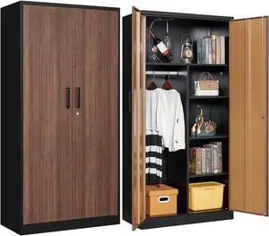 Metal Armoire Wardrobe Closet Cabinet for Hanging Clothes with Lock Doors - 72" Steel Lockable Wardrobe Storage Locker Clothes Organizer for Bedroom, Laundry Room Woodgrain