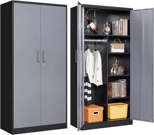 Metal Armoire Wardrobe Closet Cabinet for Hanging Clothes with Lock Doors - 72" Steel Lockable Wardrobe Storage Locker Clothes Organizer for Bedroom, Laundry Room Black and Grey