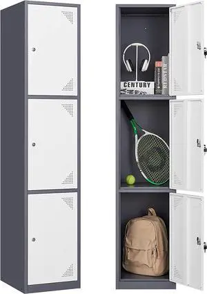 Metal Lockers for Employees with Lock, Employees Locker Storage Cabinet with 3 Doors, Tall Steel Storage Locker for Gym, School, Office