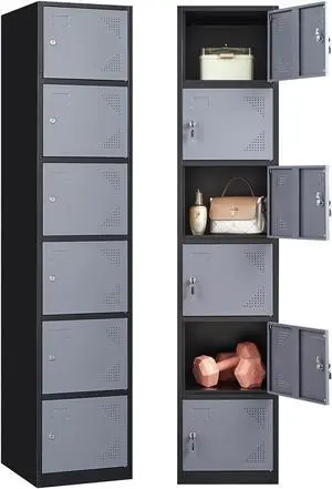 Metal Lockers for Employees with Lock, Employees Locker Storage Cabinet with 6 Doors, Tall Steel Storage Locker for Gym, School, Office Black and Grey