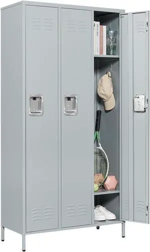 Metal Lockers Single Door 3-Wide, 72" x 36" x 16" Storage Locker Units, Space Saving Employee Locker with Storage Shelves, Lockable Doors and Hanging Hooks