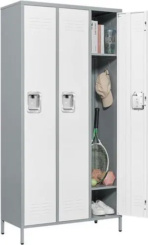 Metal Lockers Single Door 3-Wide, 72" x 36" x 16" Storage Locker Units, Space Saving Employee Locker with Storage Shelves, Lockable Doors and Hanging Hooks Grey and White