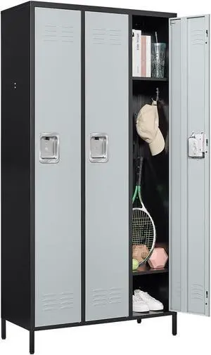 Metal Lockers Single Door 3-Wide, 72" x 36" x 16" Storage Locker Units, Space Saving Employee Locker with Storage Shelves, Lockable Doors and Hanging Hooks Black and Grey