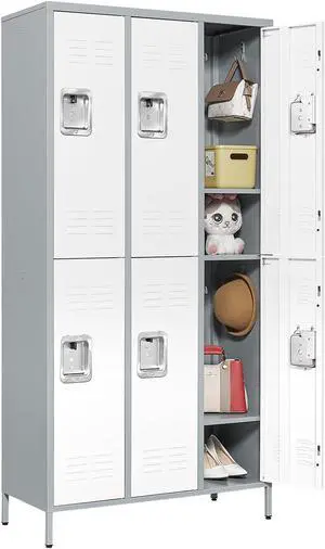 2 Tier Metal Lockers 3-Wide, 72" x 36" x 16" Storage Locker Units with 6 Compartments, Large Employee Locker with Shelves, Lockable Doors and Hanging Hooks Grey and White