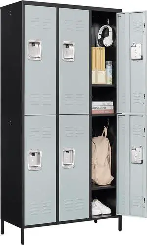 2 Tier Metal Lockers 3-Wide, 72" x 36" x 16" Storage Locker Units with 6 Compartments, Large Employee Locker with Shelves, Lockable Doors and Hanging Hooks Black and Grey