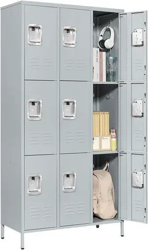 3 Tier Metal Lockers 3-Wide, 72" x 36" x 16" Storage Locker Units with 9 Compartments, Large Employee Locker with Shelves, Lockable Doors and Hanging Hooks