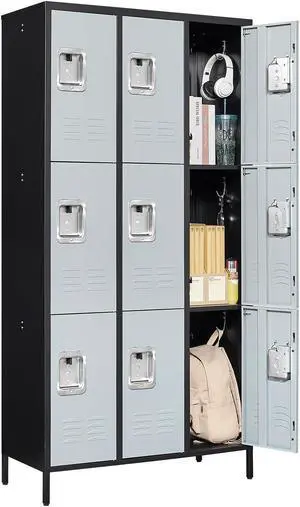 3 Tier Metal Lockers 3-Wide, 72" x 36" x 16" Storage Locker Units with 9 Compartments, Large Employee Locker with Shelves, Lockable Doors and Hanging Hooks Black and Grey
