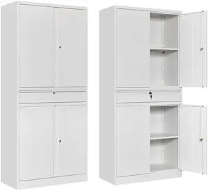 AFAIF 71"Metal Garage Cabinet: 4 Doors, 1 Drawer, 2 Adjustable Shelves, Lockable Storage for Garage, Home, or Office. White