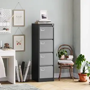 4 Drawers File Cabinet with Lock, Filing Cabinets for Home Office, Metal Locking Office File Storage Cabinets with Drawers, Vertical Small Filing Cabinet Organizer for Legal/A4 BLack Gray