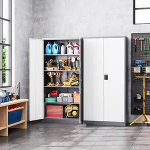 AFAIF Metal Garage Storage Cabinet with 2 Doors and 5 Adjustable Shelves - 71" Steel Lockable File/Locking Tool Cabinets for Office, Home, Gym, School Gray & White AFAIF Metal Garage Storage Cabinet with 2 Doors and 5 Adjustable Shelves - 71" Steel Lockable File/Locking Tool Cabinets for Office, Home, Gym, School Gray & White