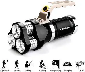 BONAEVER 2800 Lumen Rechargeable H held Flashlight LED Searchlight Bright Outdoor Tactical Spotlight IP65 Waterproof CREE T6 Dimmable LED Torch Floodlight Lamp For Camping Lantern Hiking Hunting Black