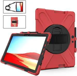BONAEVER For Microsoft Surface Pro X 13 inch Case Shockproof Protective Cover with Pen Holder Hand Strap Rotating Stand and Shoulder Strap