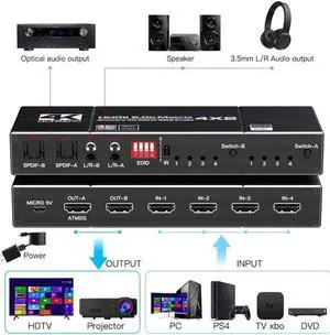 4K60Hz HDMI-compatible To Matrix 4x2 Switch Splitter Support HDCP 2.2 IR Remote Control Switch 4x2 Spdif 4K 4x2 Matrix Switch