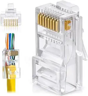 RJ45 Cat6 Pass Through Connectors Pack of 100 | EZ Crimp Connector UTP Network Plug for Unshielded Twisted Pair Solid Wire & Standard Cables | Transparent Passthrough Ethernet Insert