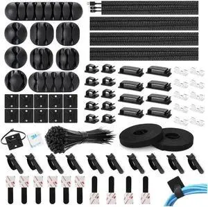 173 Pcs Cable Management Organizer Kit, Include 4 Cable Sleeve Split with 47 Self Adhesive Cable Clips Holder, 10 Cable Ties, 10 Adhesive Wall Cable Tie, 100 Fasten Cable Ties, 2 x Roll Cable Ties