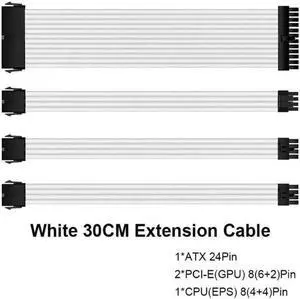 4 Piece Kit 300mm ATX 24Pin PCI-E 6+2Pin CPU 4+4Pin PC Case DIY Cable Various White Available PSU Extension Cable 4 Piece Kit 300mm ATX 24Pin PCI-E 6+2Pin CPU 4+4Pin PC Case DIY Cable Various White Available PSU Extension Cable