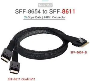 FVH PCI-E Ultraport Slimline SAS Slim 4.0 SFF-8654 8i 74pin to Dual Oculink SFF-8611 Cable 50cm PCI-Express