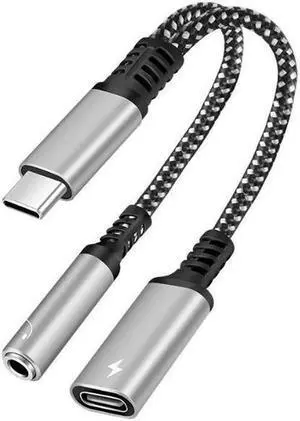 USB C to 3.5mm Headphone and Charger Adapter,2 in 1 USB C to Aux Audio Jack with PD 60W Fast Charging Dongle Cable Cord Compatible with Most TYPE-C Interface Grey