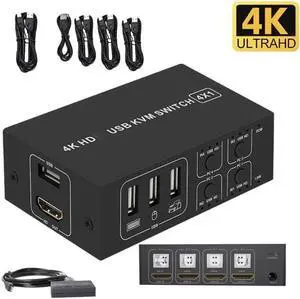 KVM Switch HDMI 4 Port Box,4 in 1 Out, 4 Computers Share Keyboard Mouse Printer Monitor Support HUD 4K@60Hz