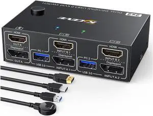 USB 3.0 Dual Monitor KVM Switch HDMI+Displayport 4K@60Hz,2K@120Hz,Camgeet 2 Monitors 2 Computers KVM Switch for 2 Computer Share 2 Display and 4 USB3.0 Devices.Wired Remote and 4 Cables Included
