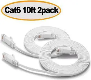 Cat 6 Ethernet Cable - Flat Internet Network Cable - Cat6 Ethernet Patch Cable Short - Cat 6 Computer LAN Cable with Snagless RJ45 Connectors (10Ft-2pack-White)