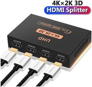 HDMI Splitter 1 in 4 Out V1.4 Powered 1x4 Ports Box Supports Full Ultra HD 1080P 4K/2K and 3D Resolutions (1 Input to 4 Outputs)