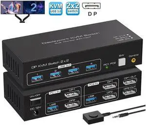 2 Port Dual Monitor Displayport KVM Switch for 2 Computers 2 Monitors Share Keyboard Mouse Printer, Displayport1.4 USB3.0 KVM Switch Support 4K @120Hz 8K @60Hz with 4x USB 3.0 Support Desktop Control