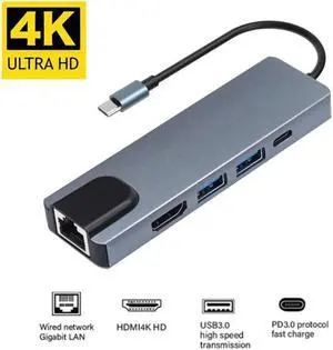 USB C Hub with HDMI, 5 in 1 Type C Adapter with 2 USB 3.0 Ports, Gigabit Ethernet, 4K HDMI, Type- C 100W PD, Aluminum USB C Adapter Compatible MacBook Pro, Surface Go and Other Type-C Devices