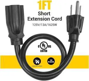 10 Pack Short Extension Cord 1 Foot Power Cord 16 AWG SJTW Weatherproof Extension Cable for Indoor Outdoor Use 3 Prong Grounded Outlets Plugs NEMA 5-15P to NEMA 5-15R Black UL Listed