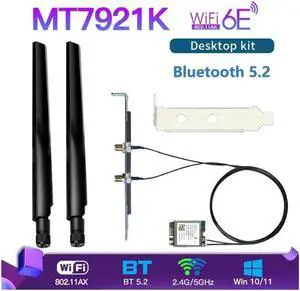 Wi-Fi 6E MediaTek MT7921k Desktop Kit Tri band 1800Mbps Bluetooth 5.2 Wireless Card 802.11AX 6DBi Antennas Windows 10 / 11