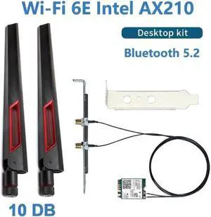 10DB Antenna Set Wi-Fi 6E Intel AX210 Bluetooth 5.2 + 3000Mbps 2.4Ghz 5Ghz 6Ghz M.2 2230 Key E Desktop Kit Wireless Adapter AX210NGW WiFi 6 Card 802.11ax/ac Support MU-MIMO OFDMA Windows 10